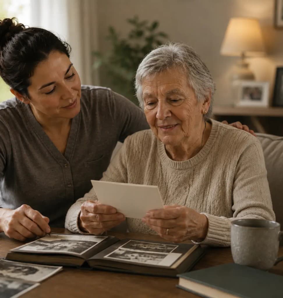 A senior reviewing memory and cognitive stimulation activities with an RST at home